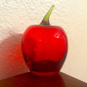 MCM Vintage Blown Glass Red Apple with Green Stem